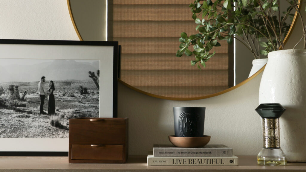 An entryway table decorated in a contemporary style